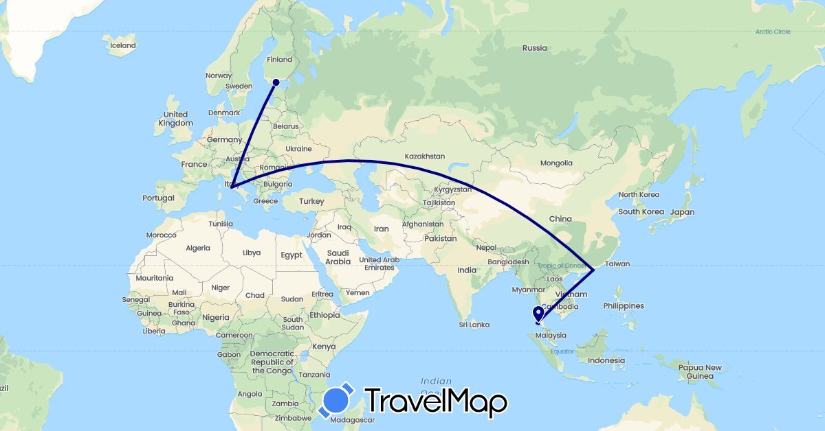 TravelMap itinerary: driving in China, Finland, Italy, Thailand (Asia, Europe)